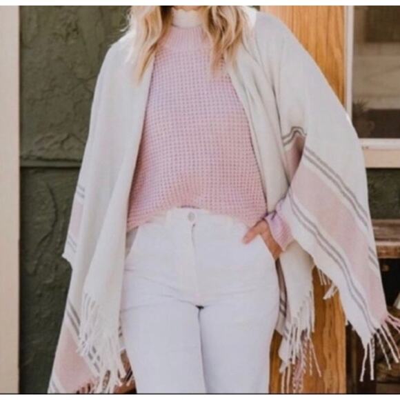 NWT Siizu Causebox blush pink/grey/cream stripe poncho scarf shawl, one size - Picture 5 of 12